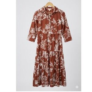 Violet Skies Petite Rust Floral Paisley Tiered Midi Shirt Dress NWT PM Boho